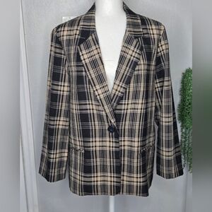 Vintage 90s Requirements Plaid Blazer – Neutral Tan & Black – Size L – Academic